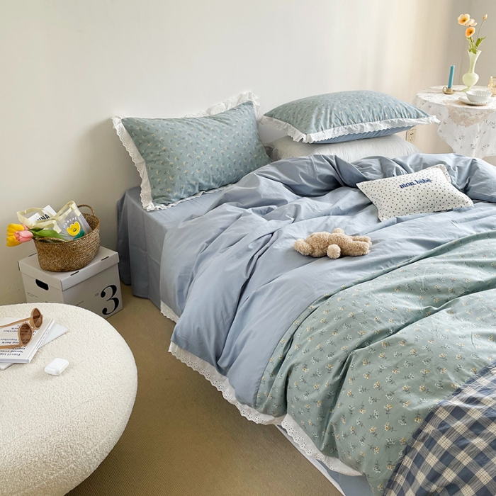 91家纺网 家纺一手货源 找家纺 洋铭区 2021新款慕斯拼色水洗棉四件套 慕斯兰