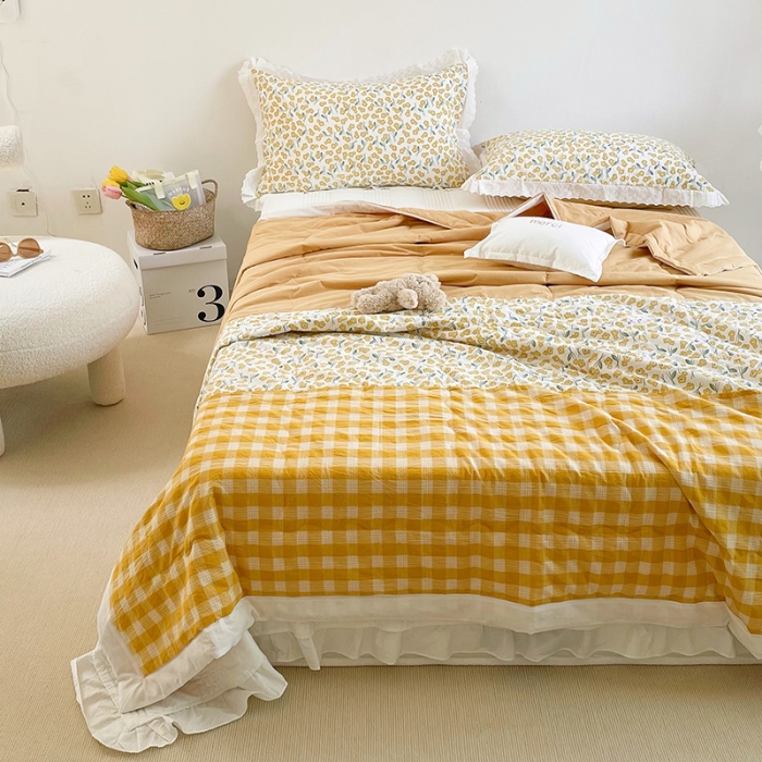 91家纺网 家纺一手货源 找家纺 洋铭区 2021新款拼色水洗棉夏被 银杏黄