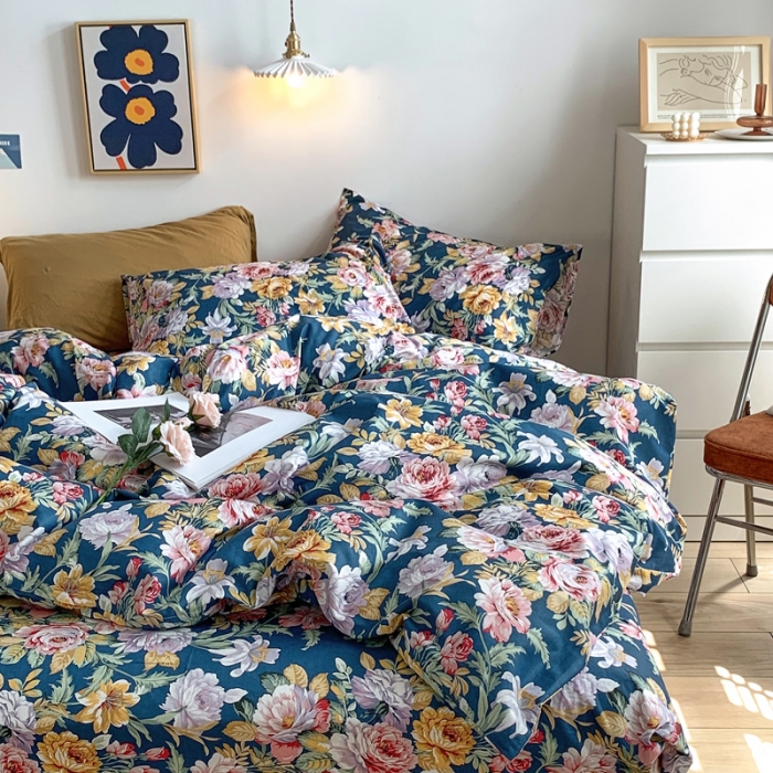 91家纺网 家纺一手货源 找家纺 怡家居 2021新款全棉印花田园四件套 花舞