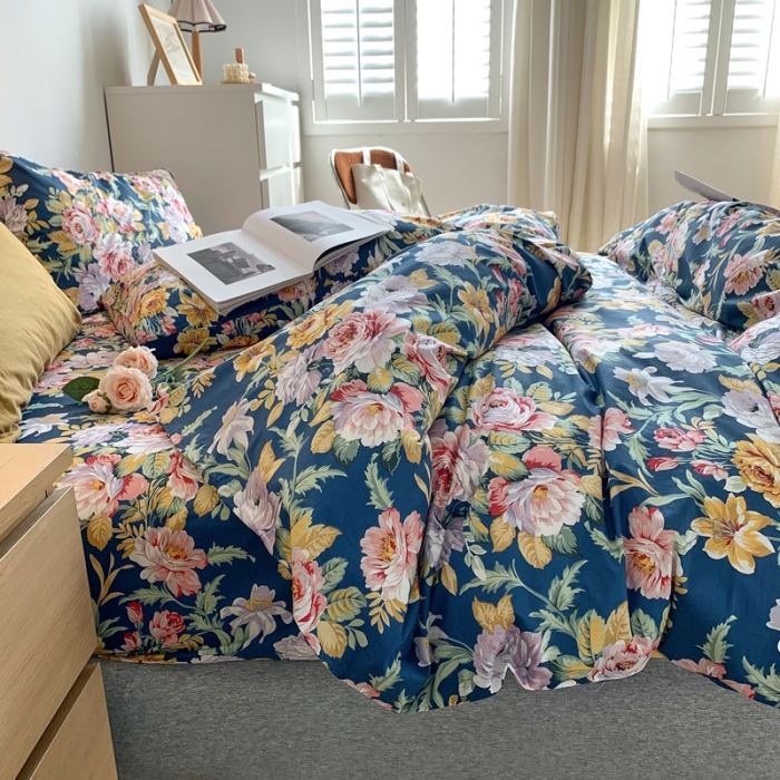 91家纺网 家纺一手货源 找家纺 怡家居 2021新款全棉印花田园四件套 花舞