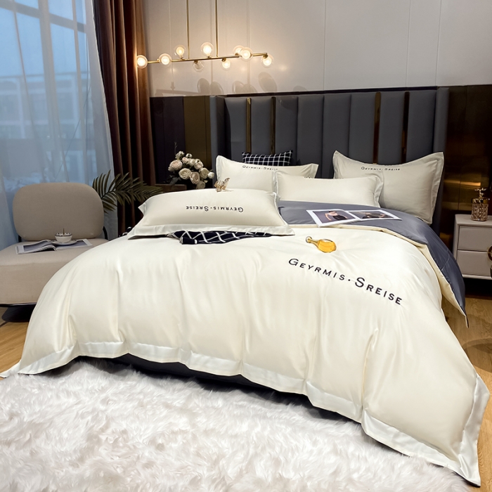 91家纺网 家纺一手货源 找家纺 琪格格 2022新款水洗真丝刺绣四件套 冰丝简奢灰