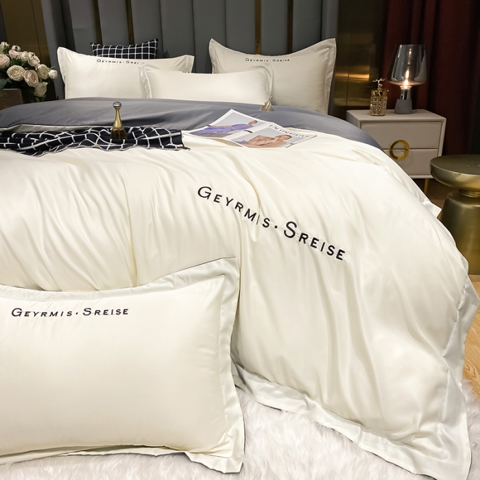 91家纺网 家纺一手货源 找家纺 琪格格 2022新款水洗真丝刺绣四件套 冰丝简奢灰