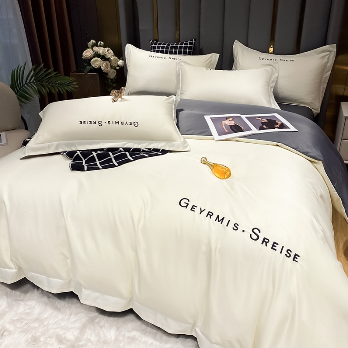 91家纺网 家纺一手货源 找家纺 琪格格 2022新款水洗真丝刺绣四件套 冰丝简奢灰