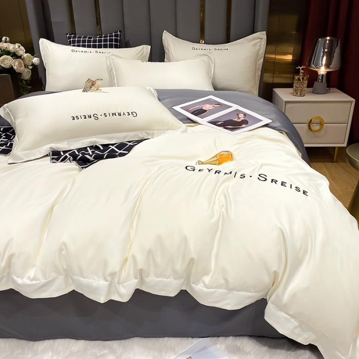 91家纺网 家纺一手货源 找家纺 琪格格 2022新款水洗真丝刺绣四件套 冰丝简奢灰