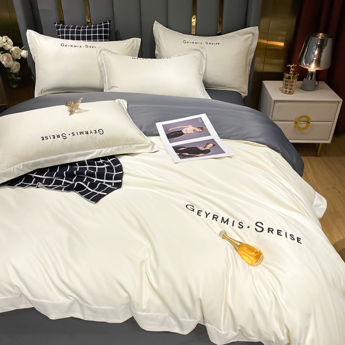 91家纺网 家纺一手货源 找家纺 琪格格 2022新款水洗真丝刺绣四件套 冰丝简奢灰