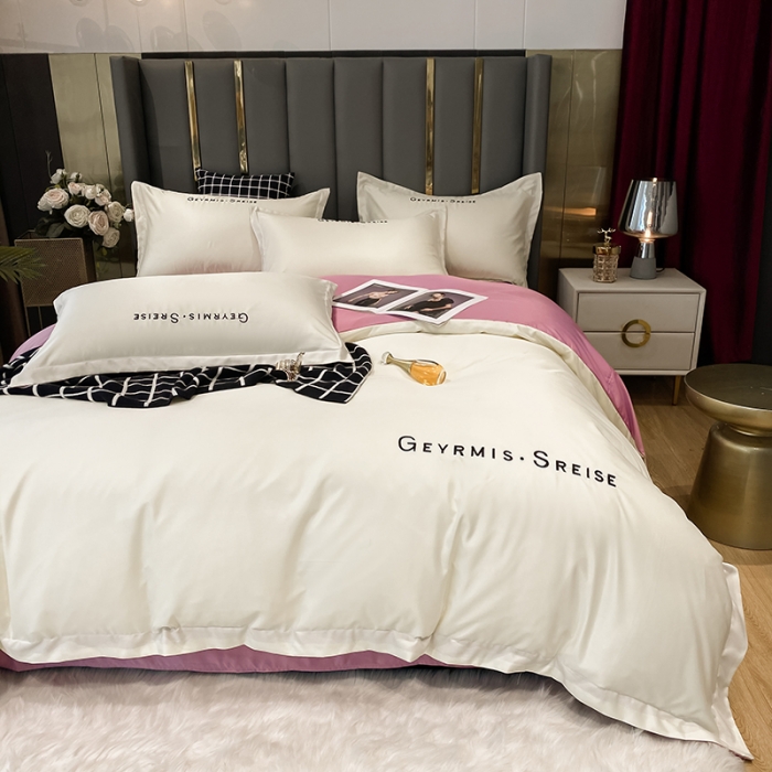 91家纺网 家纺一手货源 找家纺 琪格格 2022新款水洗真丝刺绣四件套 简奢粉