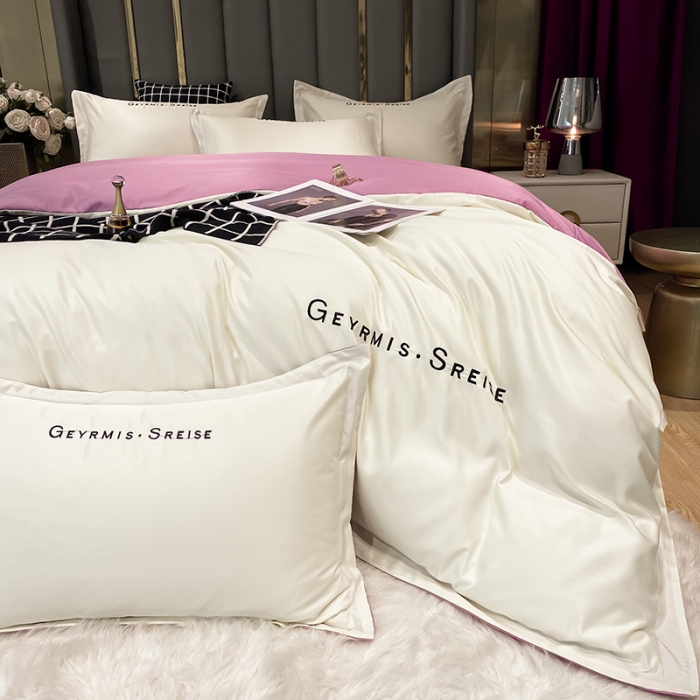 91家纺网 家纺一手货源 找家纺 琪格格 2022新款水洗真丝刺绣四件套 简奢粉