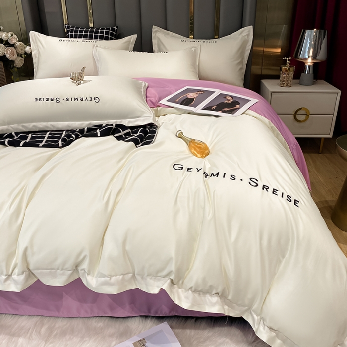 91家纺网 家纺一手货源 找家纺 琪格格 2022新款水洗真丝刺绣四件套 简奢粉