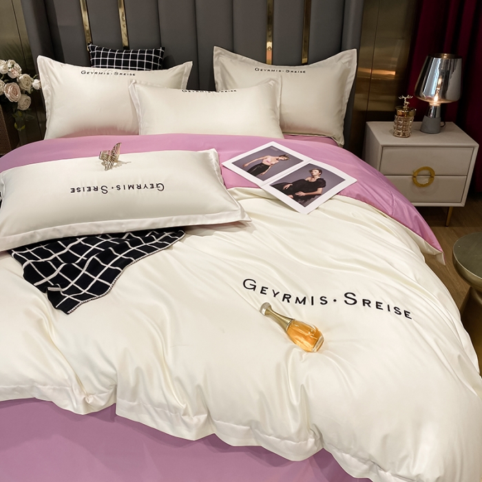 91家纺网 家纺一手货源 找家纺 琪格格 2022新款水洗真丝刺绣四件套 简奢粉