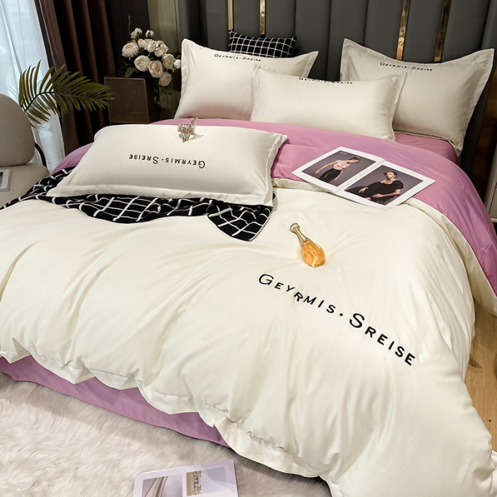 91家纺网 家纺一手货源 找家纺 琪格格 2022新款水洗真丝刺绣四件套 简奢粉