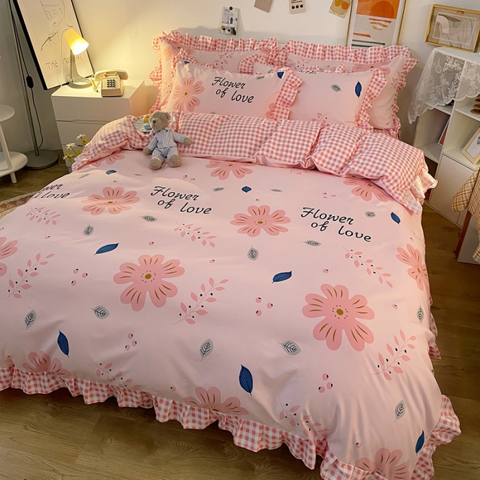 91家纺网 家纺一手货源 找家纺 维娜斯 2021新款植物羊绒磨毛韩版花边四件套 花漾