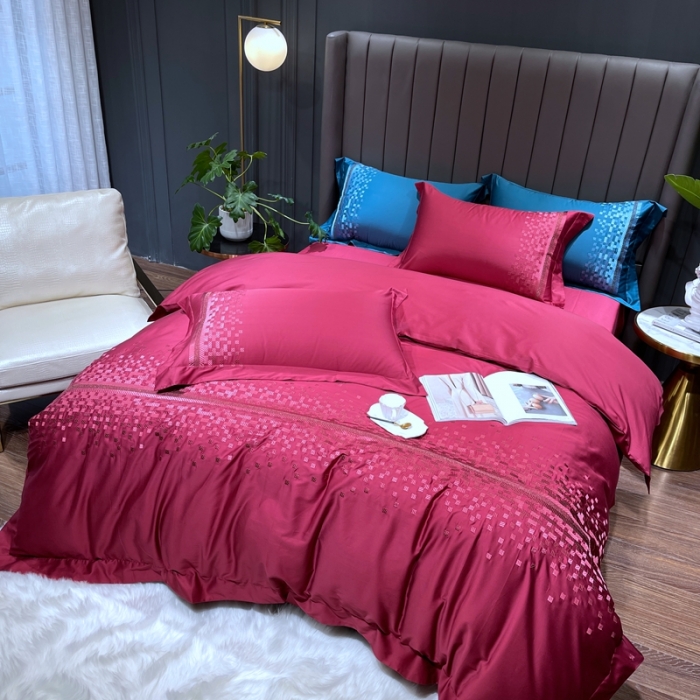 91家纺网 家纺一手货源 找家纺 榻尚家居 2021新款80长绒棉精品刺绣四件套 爱意红