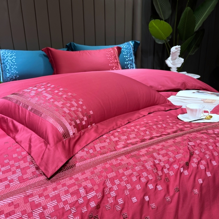 91家纺网 家纺一手货源 找家纺 榻尚家居 2021新款80长绒棉精品刺绣四件套 爱意红