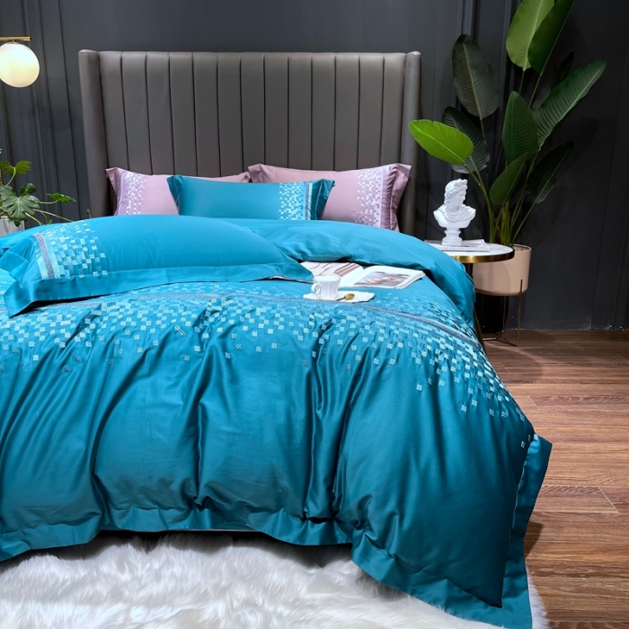 91家纺网 家纺一手货源 找家纺 榻尚家居 2021新款80长绒棉精品刺绣四件套 爱意蓝