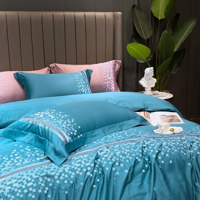 91家纺网 家纺一手货源 找家纺 榻尚家居 2021新款80长绒棉精品刺绣四件套 爱意蓝