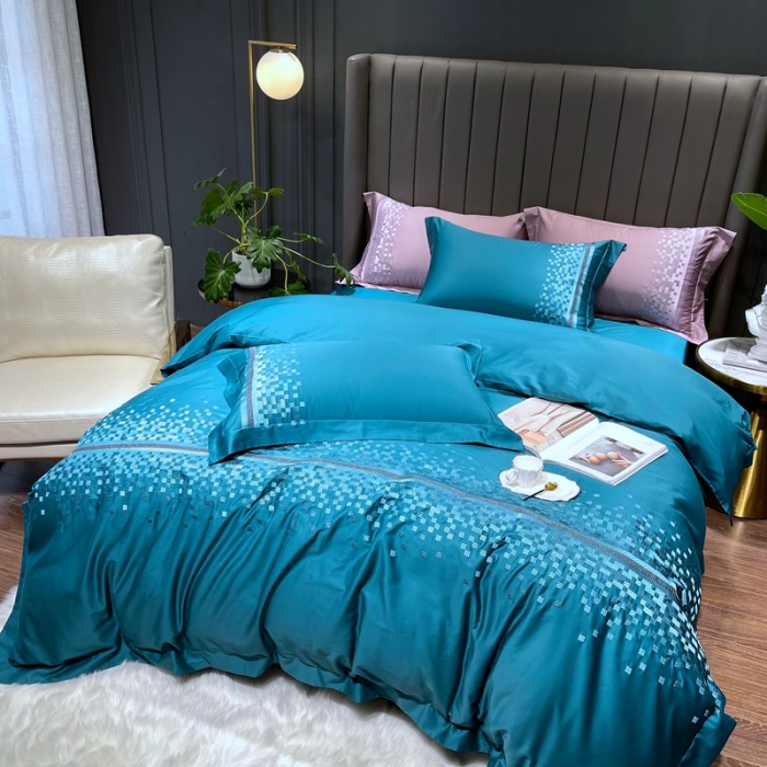 91家纺网 家纺一手货源 找家纺 榻尚家居 2021新款80长绒棉精品刺绣四件套 爱意蓝