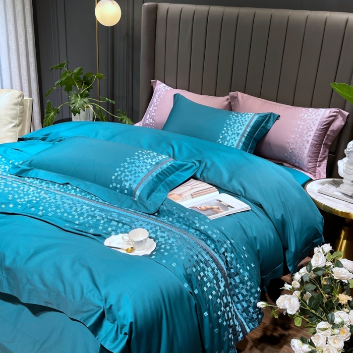 91家纺网 家纺一手货源 找家纺 榻尚家居 2021新款80长绒棉精品刺绣四件套 爱意蓝