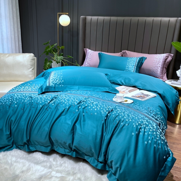 91家纺网 家纺一手货源 找家纺 榻尚家居 2021新款80长绒棉精品刺绣四件套 爱意蓝