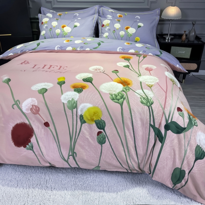 91家纺网 家纺一手货源 找家纺 金爱家 2021新款大版磨毛花卉系列四件套 烟萝粉