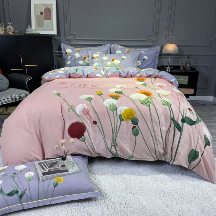 91家纺网 家纺一手货源 找家纺 金爱家 2021新款大版磨毛花卉系列四件套 烟萝粉