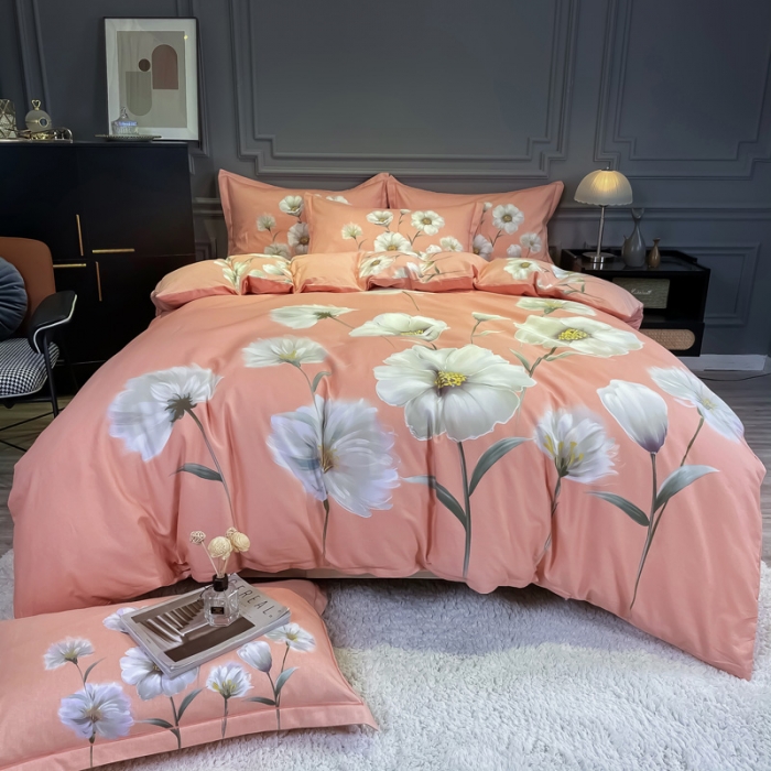 91家纺网 家纺一手货源 找家纺 金爱家 2021新款大版磨毛花卉系列四件套 云汐粉