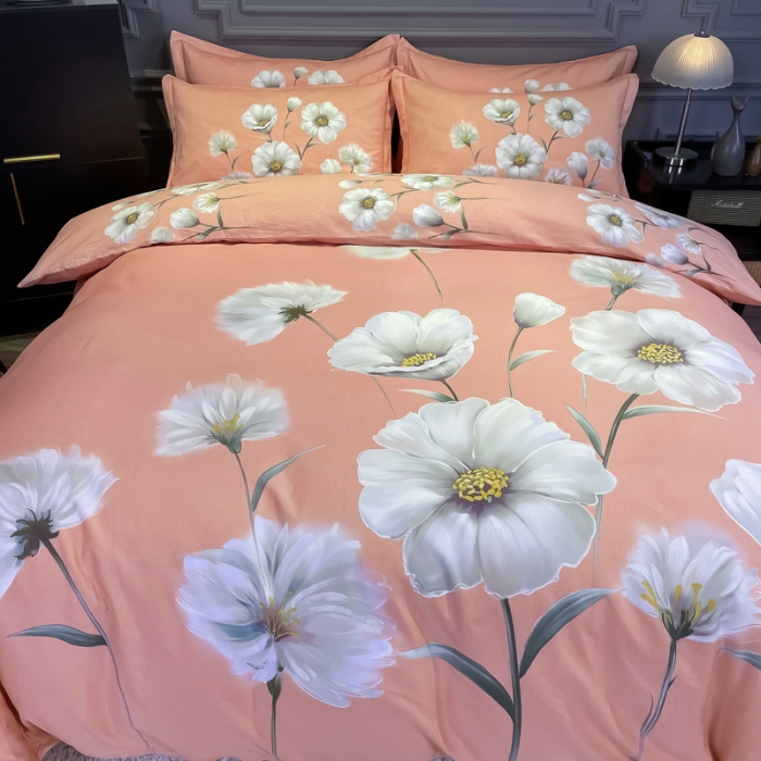 91家纺网 家纺一手货源 找家纺 金爱家 2021新款大版磨毛花卉系列四件套 云汐粉