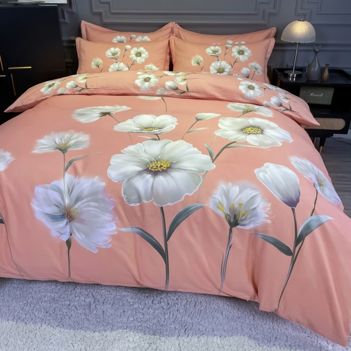 91家纺网 家纺一手货源 找家纺 金爱家 2021新款大版磨毛花卉系列四件套 云汐粉