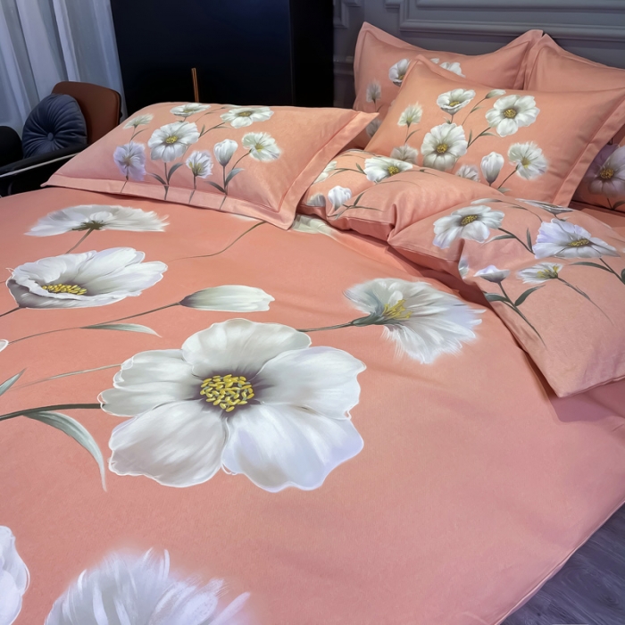 91家纺网 家纺一手货源 找家纺 金爱家 2021新款大版磨毛花卉系列四件套 云汐粉