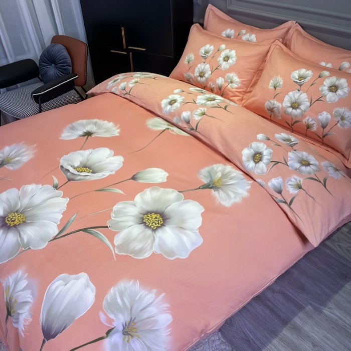 91家纺网 家纺一手货源 找家纺 金爱家 2021新款大版磨毛花卉系列四件套 云汐粉