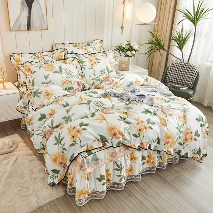 91家纺网 家纺一手货源 找家纺 十个点家纺 2022新款全棉蕾丝夹棉床裙四件套 春花秋月-黄