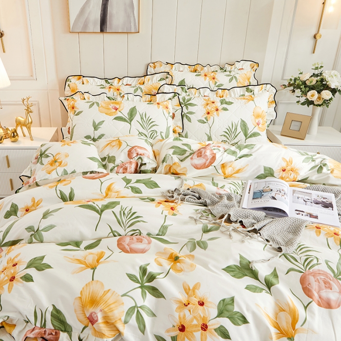 91家纺网 家纺一手货源 找家纺 十个点家纺 2022新款全棉蕾丝夹棉床裙四件套 春花秋月-黄