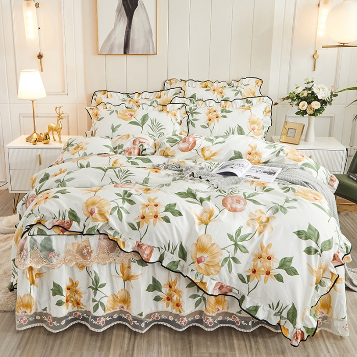 91家纺网 家纺一手货源 找家纺 十个点家纺 2022新款全棉蕾丝夹棉床裙四件套 春花秋月-黄