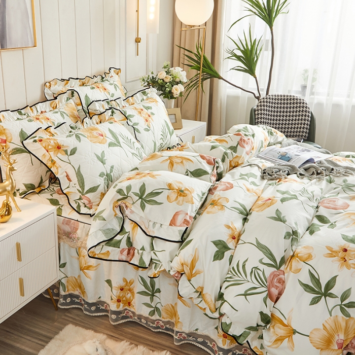 91家纺网 家纺一手货源 找家纺 十个点家纺 2022新款全棉蕾丝夹棉床裙四件套 春花秋月-黄