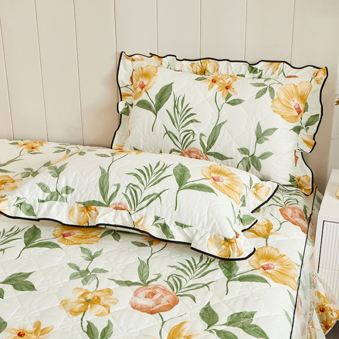 91家纺网 家纺一手货源 找家纺 十个点家纺 2022新款全棉蕾丝夹棉床裙四件套 春花秋月-黄