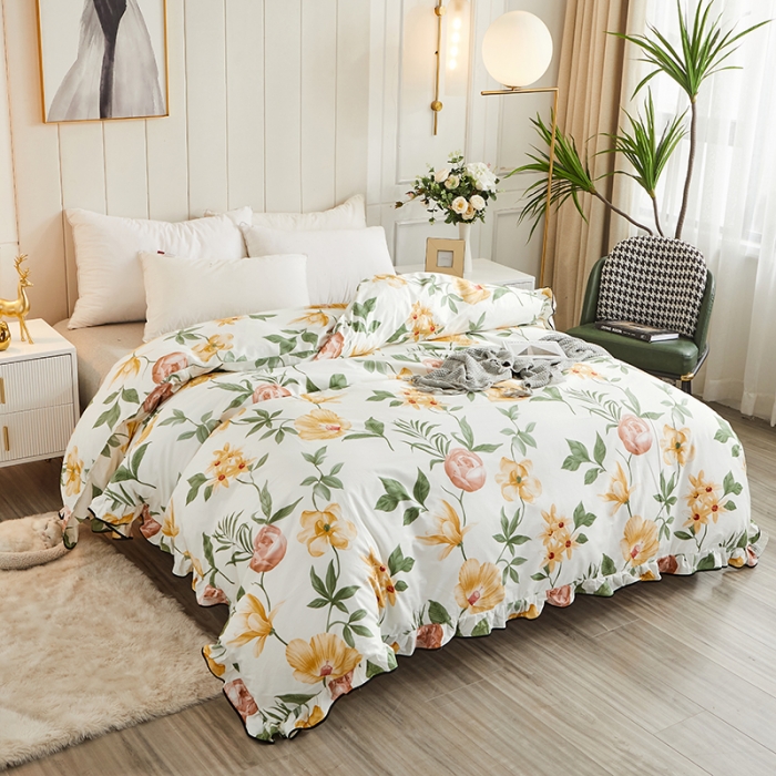 91家纺网 家纺一手货源 找家纺 十个点家纺 2022新款全棉蕾丝夹棉床裙四件套 春花秋月-黄