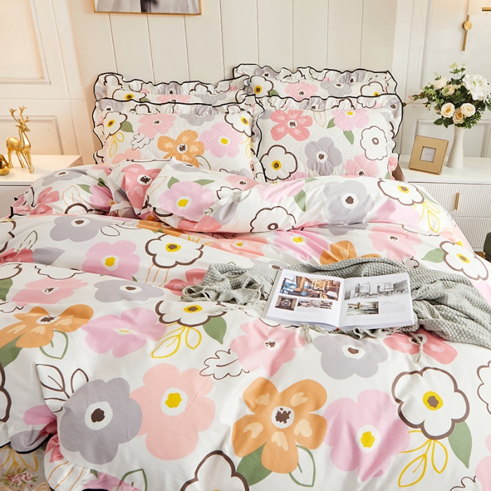 91家纺网 家纺一手货源 找家纺 十个点家纺 2022新款全棉蕾丝夹棉床裙四件套 香蜜花园-粉