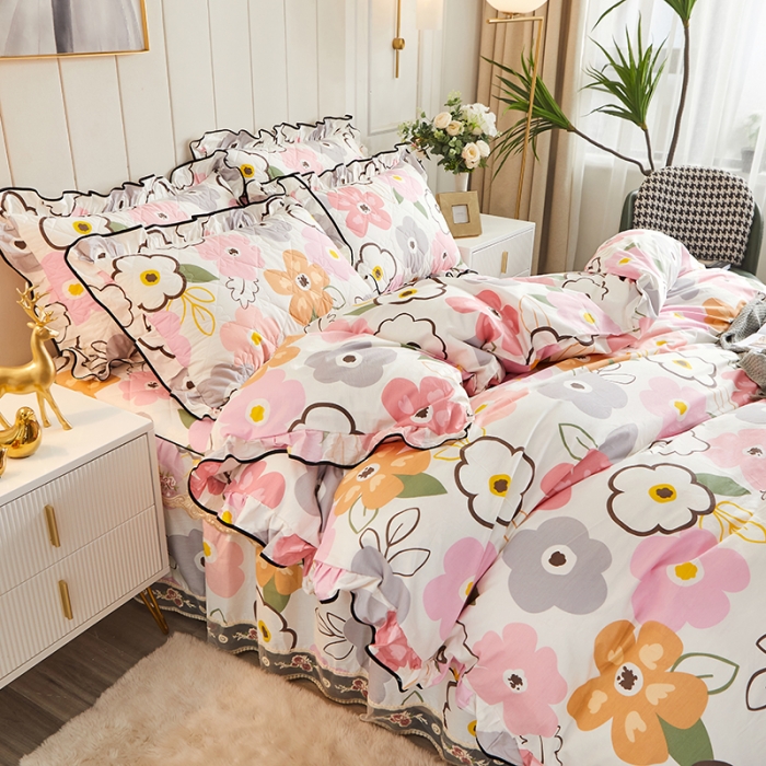 91家纺网 家纺一手货源 找家纺 十个点家纺 2022新款全棉蕾丝夹棉床裙四件套 香蜜花园-粉