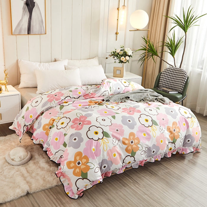 91家纺网 家纺一手货源 找家纺 十个点家纺 2022新款全棉蕾丝夹棉床裙四件套 香蜜花园-粉