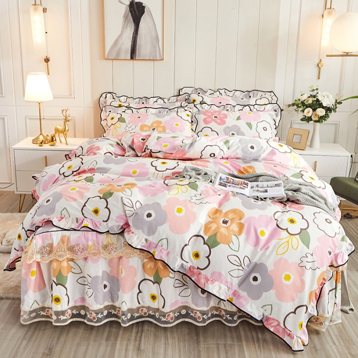 91家纺网 家纺一手货源 找家纺 十个点家纺 2022新款全棉蕾丝夹棉床裙四件套 香蜜花园-粉