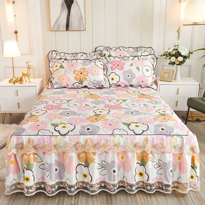 91家纺网 家纺一手货源 找家纺 十个点家纺 2022新款全棉蕾丝夹棉单床裙 香蜜花园-粉