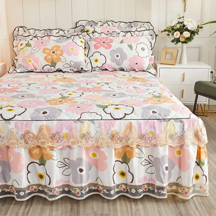 91家纺网 家纺一手货源 找家纺 十个点家纺 2022新款全棉蕾丝夹棉单床裙 香蜜花园-粉