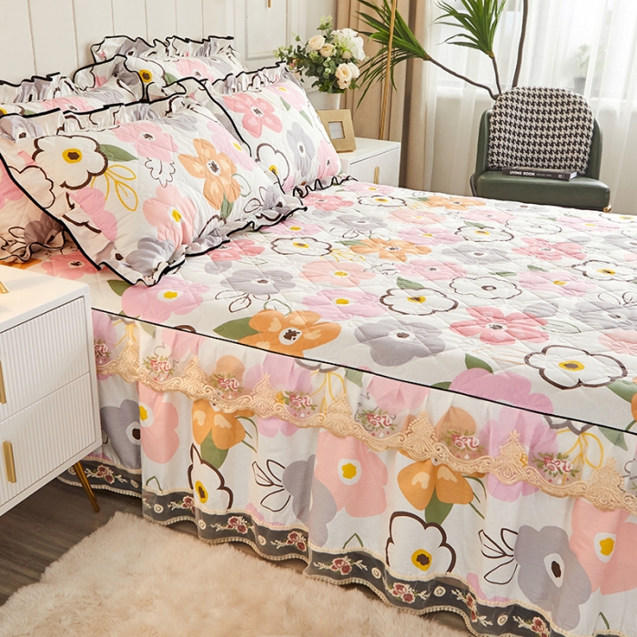 91家纺网 家纺一手货源 找家纺 十个点家纺 2022新款全棉蕾丝夹棉单床裙 香蜜花园-粉