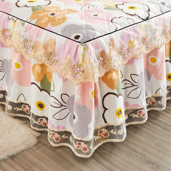 91家纺网 家纺一手货源 找家纺 十个点家纺 2022新款全棉蕾丝夹棉单床裙 香蜜花园-粉