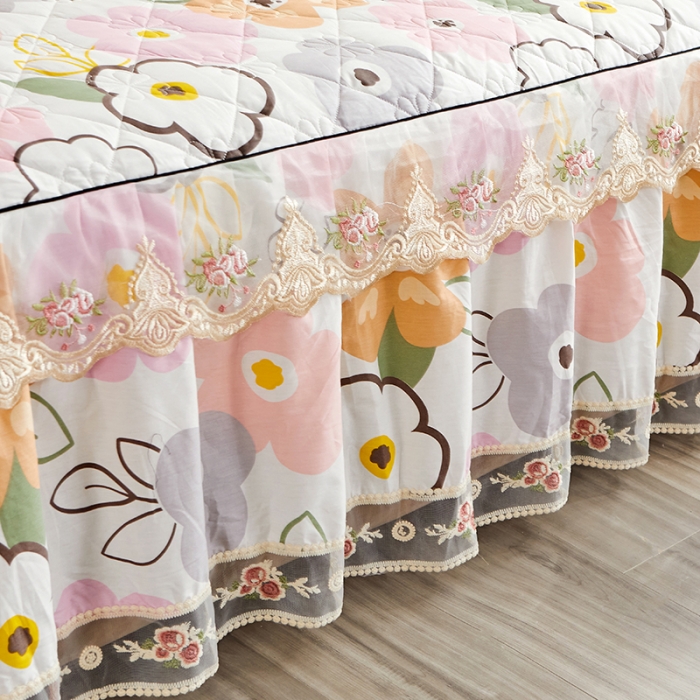 91家纺网 家纺一手货源 找家纺 十个点家纺 2022新款全棉蕾丝夹棉单床裙 香蜜花园-粉