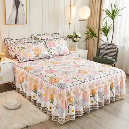 十个点家纺 2022新款全棉蕾丝夹棉单床裙 香蜜花园-粉