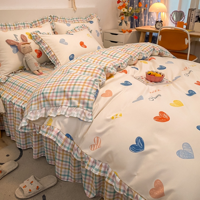 91家纺网 家纺一手货源 找家纺 上尚居 2024新款小清新韩版花边磨毛四件套水洗棉心愿-兰