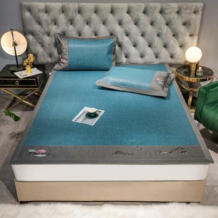 91家纺网 家纺一手货源 找家纺 朵美 2021新款新中式养生印尼绣花藤席经典款 山水人家（孔雀蓝）