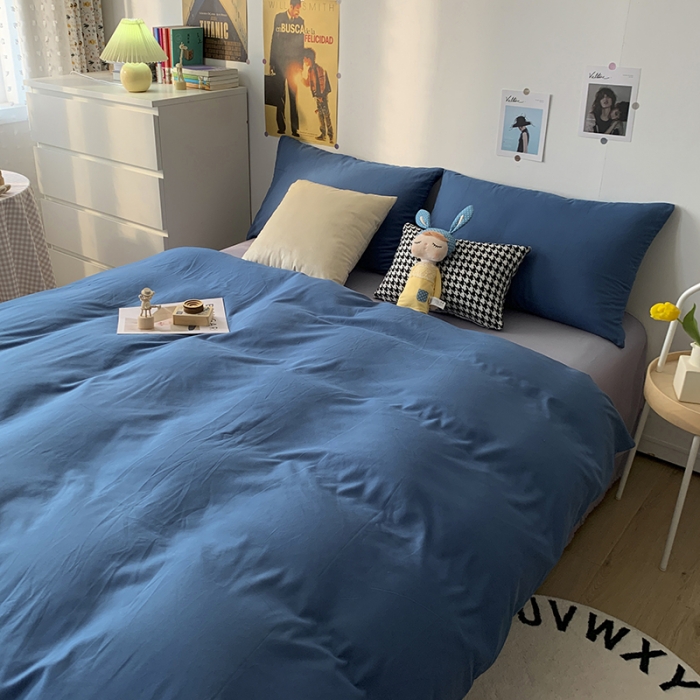 91家纺网 家纺一手货源 找家纺 曼谷 新款纯色双拼四件套 AB宝蓝-浅灰