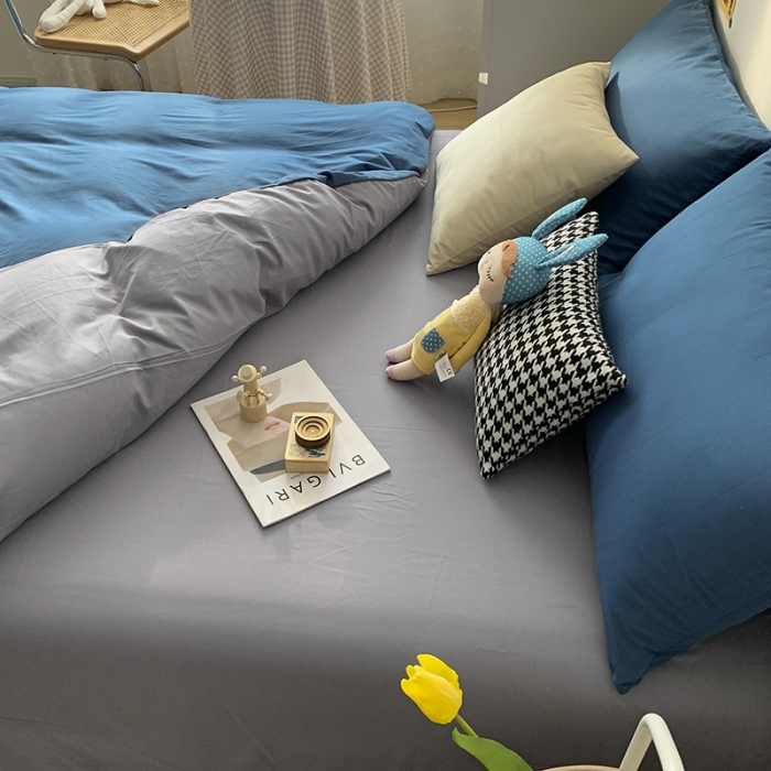 91家纺网 家纺一手货源 找家纺 曼谷 新款纯色双拼四件套 AB宝蓝-浅灰