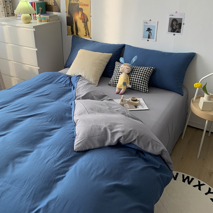 91家纺网 家纺一手货源 找家纺 曼谷 新款纯色双拼四件套 AB宝蓝-浅灰